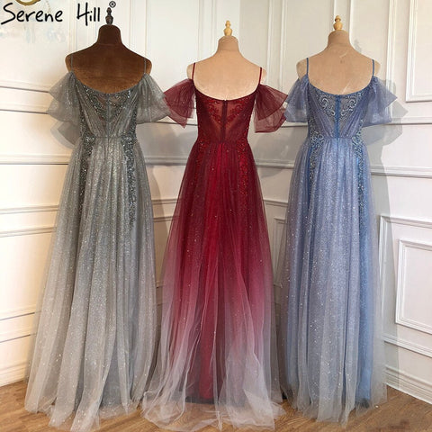 On Sale No Return No Refund Gradual Wine Red A-Line Evening Gowns 2025 Beaded Spaghetti Strap For Women Party LA70776