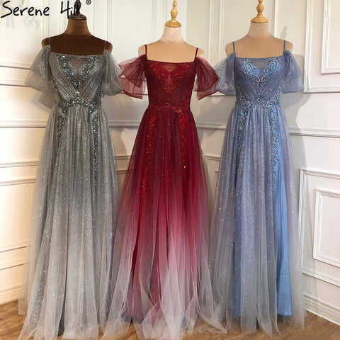 On Sale No Return No Refund Gradual Wine Red A-Line Evening Gowns 2025 Beaded Spaghetti Strap For Women Party LA70776