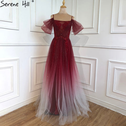 On Sale No Return No Refund Gradual Wine Red A-Line Evening Gowns 2025 Beaded Spaghetti Strap For Women Party LA70776