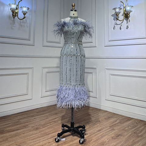 Gray Beaded Arabic Midi Ankle Length Evening Dresses  With Cape Feather Gowns 2025 For Women Wedding Party LA72060