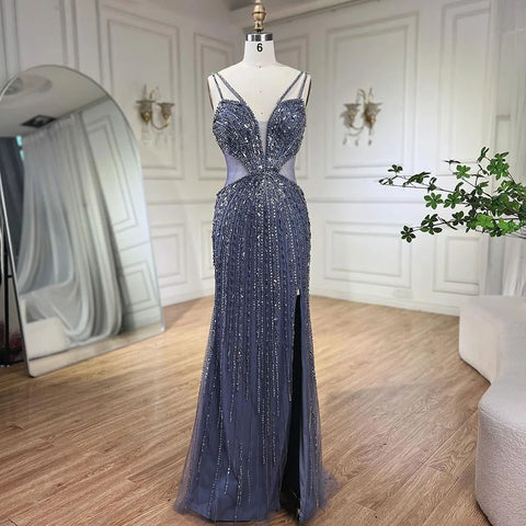 Blue Cut Out Spaghetti Straps Elegant Mermaid Evening Dresses Gowns Luxury Beaded For Woman Party 2025 LA72305