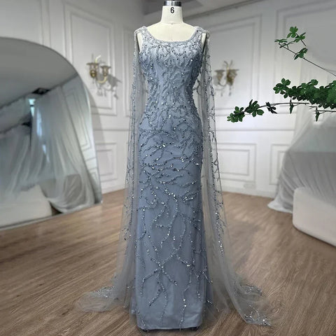 Vestidos de noche árabes de sirena gris, elegantes, con mangas tipo capa, lujosos con cuentas, 2025 para mujer, para bodas y fiestas LA72149 