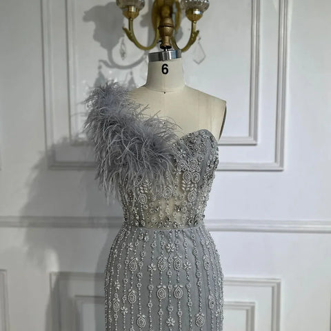 Gray Mermaid One Shoulder High Split Beaded Feather Luxury Evening Dresses Gowns For Women Party 2025 LA72347