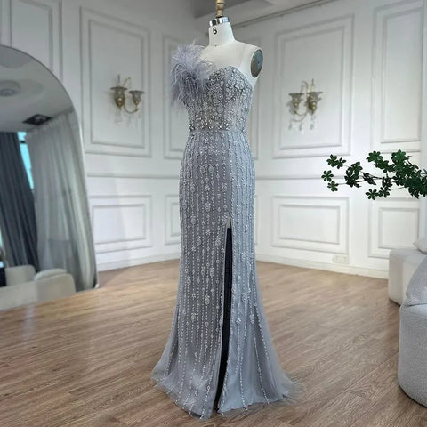 Gray Mermaid One Shoulder High Split Beaded Feather Luxury Evening Dresses Gowns For Women Party 2025 LA72347