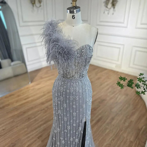 Gray Mermaid One Shoulder High Split Beaded Feather Luxury Evening Dresses Gowns For Women Party 2025 LA72347