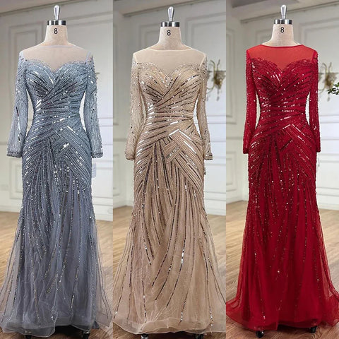 Gray Muslim Luxury Beaded Mermaid Evening Gowns Elegant Floor Length Party Dresses For Women Wedding 2025 LA72295