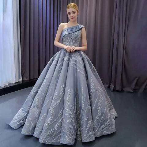 Gray One Shoulder Lace Up Beaded Luxury Ball Gown Bride Gowns Wedding Dress 2025 High End Custom Made HM231074