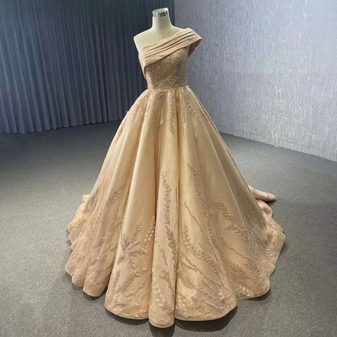 Gray One Shoulder Lace Up Beaded Luxury Ball Gown Bride Gowns Wedding Dress 2025 High End Custom Made HM231074