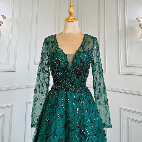 Vestidos de noche de lujo con cuentas, corte en A, escote en V, manga larga, color verde, para mujer, ideales para bodas y fiestas (modelo LA71702). 