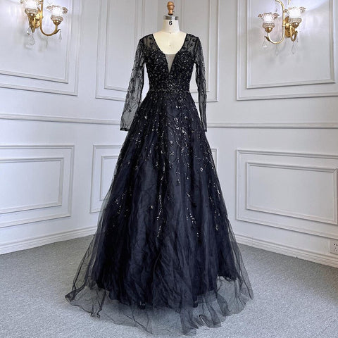 Vestidos de noche de lujo con cuentas, corte en A, escote en V, manga larga, color verde, para mujer, ideales para bodas y fiestas (modelo LA71702). 