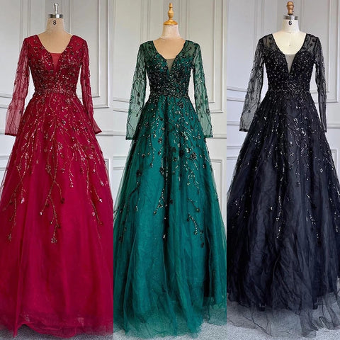 Vestidos de noche de lujo con cuentas, corte en A, escote en V, manga larga, color verde, para mujer, ideales para bodas y fiestas (modelo LA71702). 