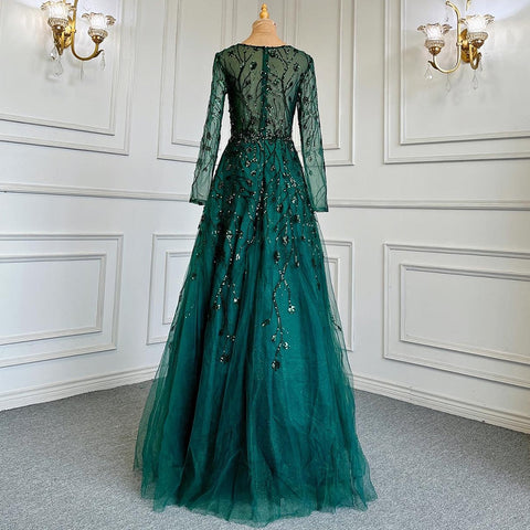 Vestidos de noche de lujo con cuentas, corte en A, escote en V, manga larga, color verde, para mujer, ideales para bodas y fiestas (modelo LA71702). 