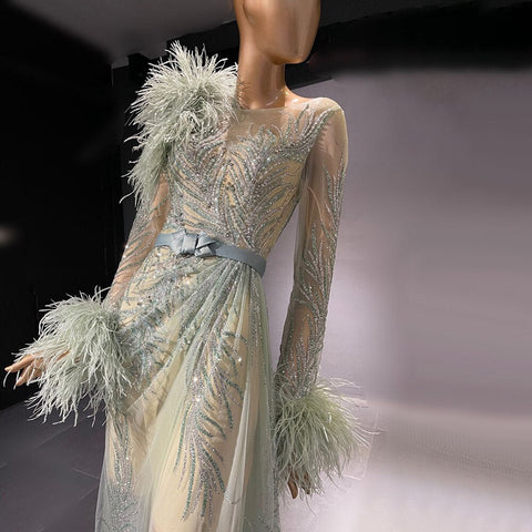 Green Beaded Feather Evening Dresses Gowns 2025 A-Line Luxury Elegant For Women Party LA71535