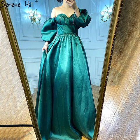 Green Beading Satin Evening Dresses Gowns 2025 A-Line Long  For Women Party LA71008
