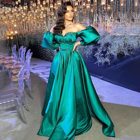 Green Beading Satin Evening Dresses Gowns 2025 A-Line Long  For Women Party LA71008