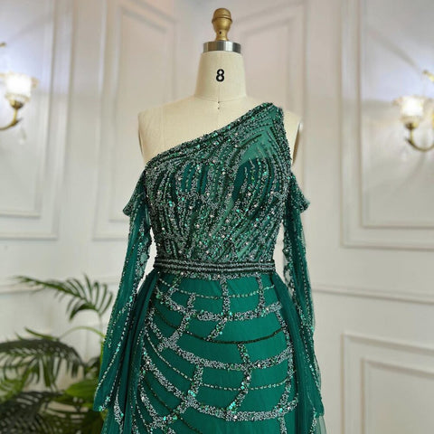 Green Elegant Floor Length Mermaid Sexy One Shoulder Beaded Evening Dresses Luxury Gowns For Woman 2025 LA71894
