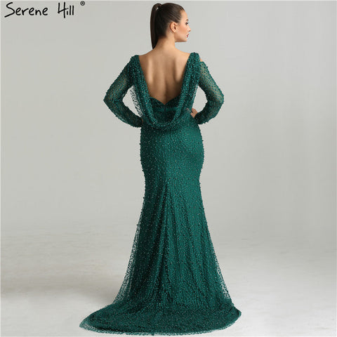 Vestidos de noche de sirena elegantes en verde, estilo sirena, con espalda descubierta, adornados con perlas y cuentas, de lujo para mujer, colección 2025, modelo LA6340 