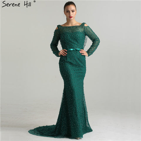 Vestidos de noche de sirena elegantes en verde, estilo sirena, con espalda descubierta, adornados con perlas y cuentas, de lujo para mujer, colección 2025, modelo LA6340 