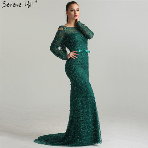 Vestidos de noche de sirena elegantes en verde, estilo sirena, con espalda descubierta, adornados con perlas y cuentas, de lujo para mujer, colección 2025, modelo LA6340 