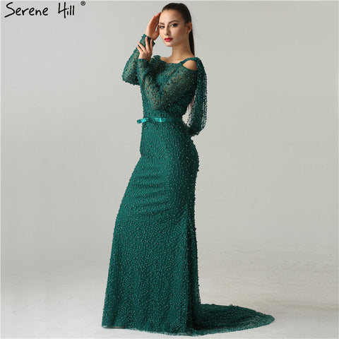 Vestidos de noche de sirena elegantes en verde, estilo sirena, con espalda descubierta, adornados con perlas y cuentas, de lujo para mujer, colección 2025, modelo LA6340 
