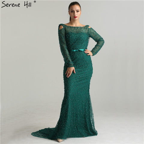 Vestidos de noche de sirena elegantes en verde, estilo sirena, con espalda descubierta, adornados con perlas y cuentas, de lujo para mujer, colección 2025, modelo LA6340 