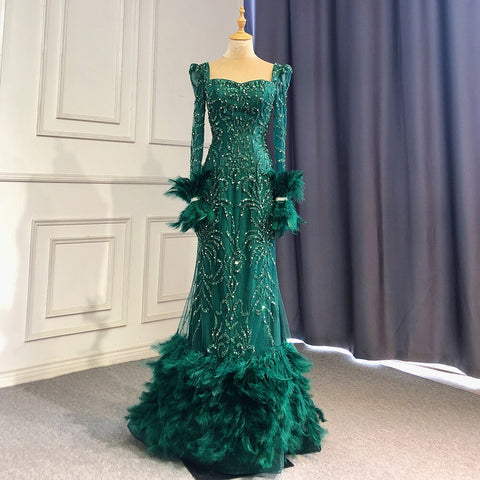 Vestidos de noche de sirena elegantes en verde, 2025, con cuentas y plumas, de lujo para mujer, para fiestas, LA71576 