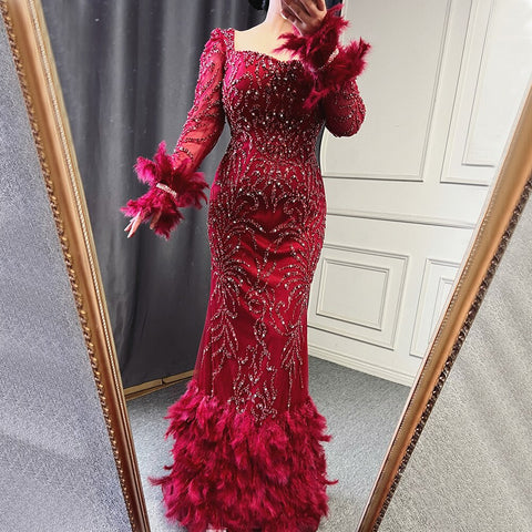 Vestidos de noche de sirena elegantes en verde, 2025, con cuentas y plumas, de lujo para mujer, para fiestas, LA71576 