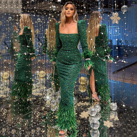 Vestidos de noche de sirena elegantes en verde, 2025, con cuentas y plumas, de lujo para mujer, para fiestas, LA71576 
