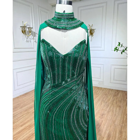 Green Elegant Mermaid Luxury Evening Dresses Gowns 2025 High Split With Cape Sleeves Beaded For Women Party LA72073