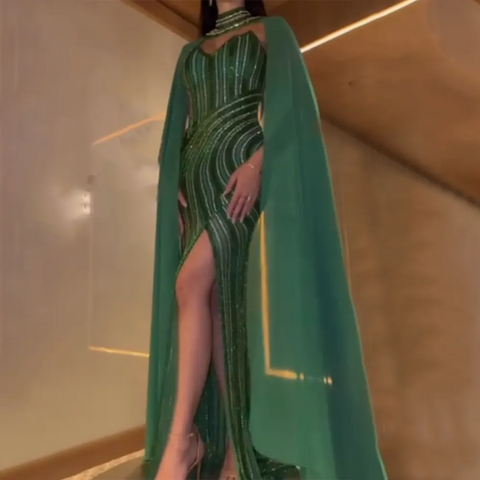 Green Elegant Mermaid Luxury Evening Dresses Gowns 2025 High Split With Cape Sleeves Beaded For Women Party LA72073