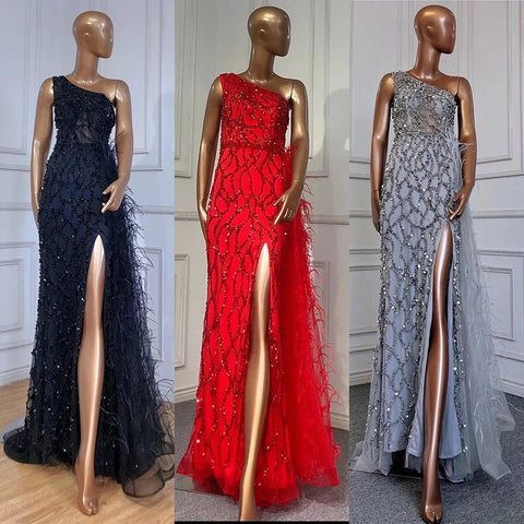 Green Elegant Mermaid Sexy One Shouder Split Evening Dresse Gowns Luxury Beaded Feathers 2025 Women Party LA70829