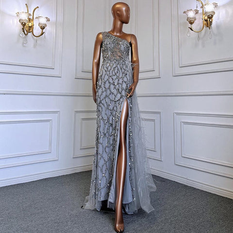 Green Elegant Mermaid Sexy One Shouder Split Evening Dresse Gowns Luxury Beaded Feathers 2025 Women Party LA70829