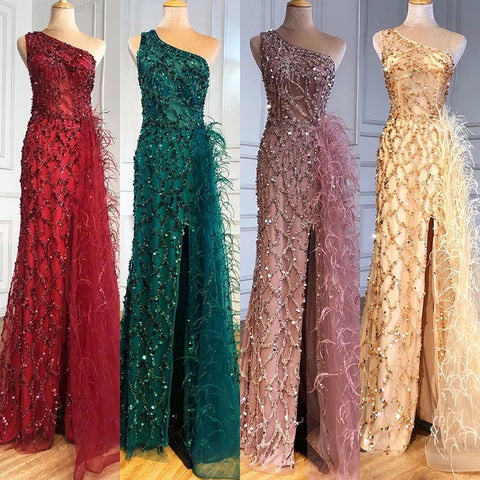 Green Elegant Mermaid Sexy One Shouder Split Evening Dresse Gowns Luxury Beaded Feathers 2025 Women Party LA70829
