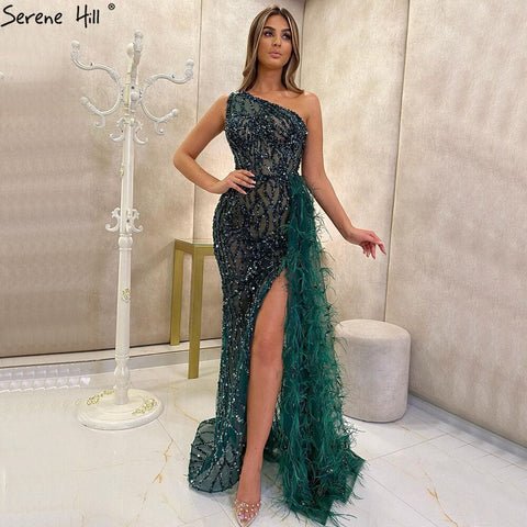 Green Elegant Mermaid Sexy One Shouder Split Evening Dresse Gowns Luxury Beaded Feathers 2025 Women Party LA70829