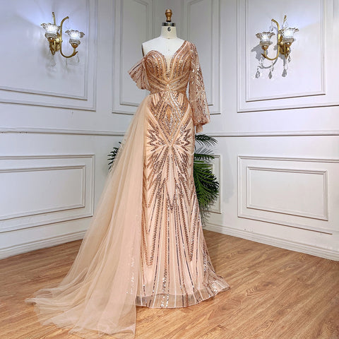 Green Elegant Mermaid Sexy One Shoulder Puff Long Sleeves Beaded Evening Dresses Gowns For Women Party LA72000