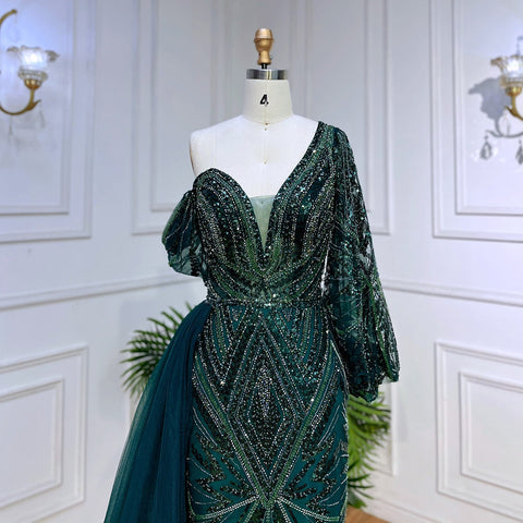 Green Elegant Mermaid Sexy One Shoulder Puff Long Sleeves Beaded Evening Dresses Gowns For Women Party LA72000