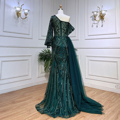 Green Elegant Mermaid Sexy One Shoulder Puff Long Sleeves Beaded Evening Dresses Gowns For Women Party LA72000