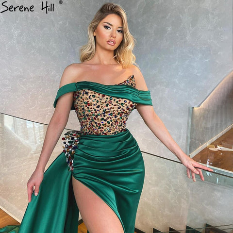 Robe de soirée verte fendue, élégante, style sirène, avec perles, pour femme, LA71254, 2025 