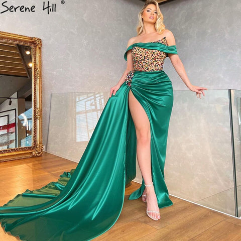 Robe de soirée verte fendue, élégante, style sirène, avec perles, pour femme, LA71254, 2025 