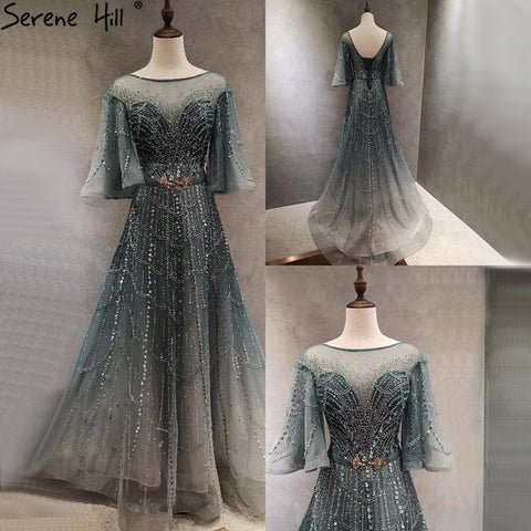 Green Long Flare Sleeves Evening Dresses Gowns 2025 A-Line Luxury Beading For Women Party LA70822