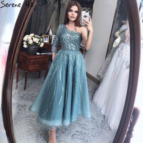 Green Luxury Ankle Length Evening Dresses Gowns 2025 One Shoulder Beading Sexy For Woman Party LA71021