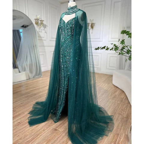 Green Mermaid Arabic Evening Dresses Gowns Split With Cape Sleeves Beaded 2025 For Women Wedding Party LA72073A