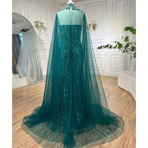 Green Mermaid Arabic Evening Dresses Gowns Split With Cape Sleeves Beaded 2025 For Women Wedding Party LA72073A