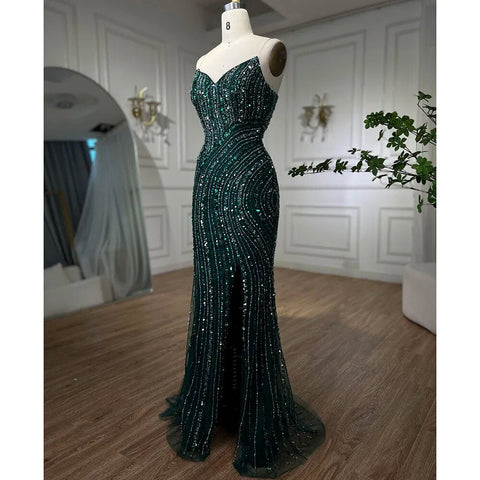 Green Mermaid Arabic Evening Dresses Gowns Split With Cape Sleeves Beaded 2025 For Women Wedding Party LA72073A