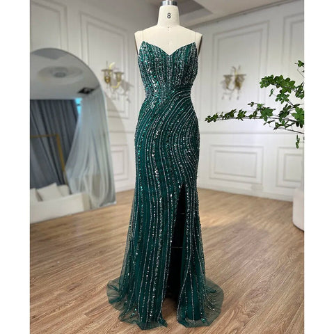 Green Mermaid Arabic Evening Dresses Gowns Split With Cape Sleeves Beaded 2025 For Women Wedding Party LA72073A