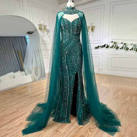 Green Mermaid Arabic Evening Dresses Gowns Split With Cape Sleeves Beaded 2025 For Women Wedding Party LA72073A