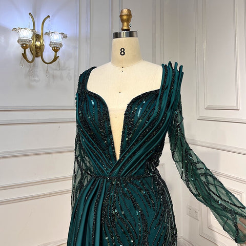 Green Mermaid Beaded Evening Dresses Gowns 2025 Luxury Elegant Satin For Women Party LA71860