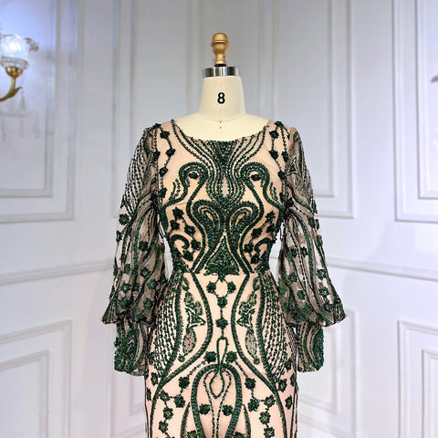 Green Mermaid Elegant Puff Sleeves Lace Beaded Luxury Evening Dresses Gowns For Women Muslim Party 2025 LA71840