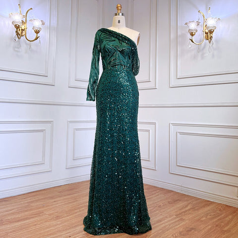 Green Mermaid Elegant Sexy One-Shoulder Luxury Pearls Beaded Evening Dresses Gowns  2025 For Women Party LA71717