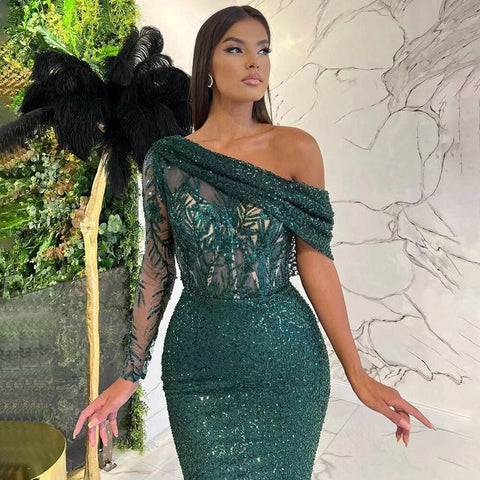 Green Mermaid Elegant Sexy One-Shoulder Luxury Pearls Beaded Evening Dresses Gowns  2025 For Women Party LA71717